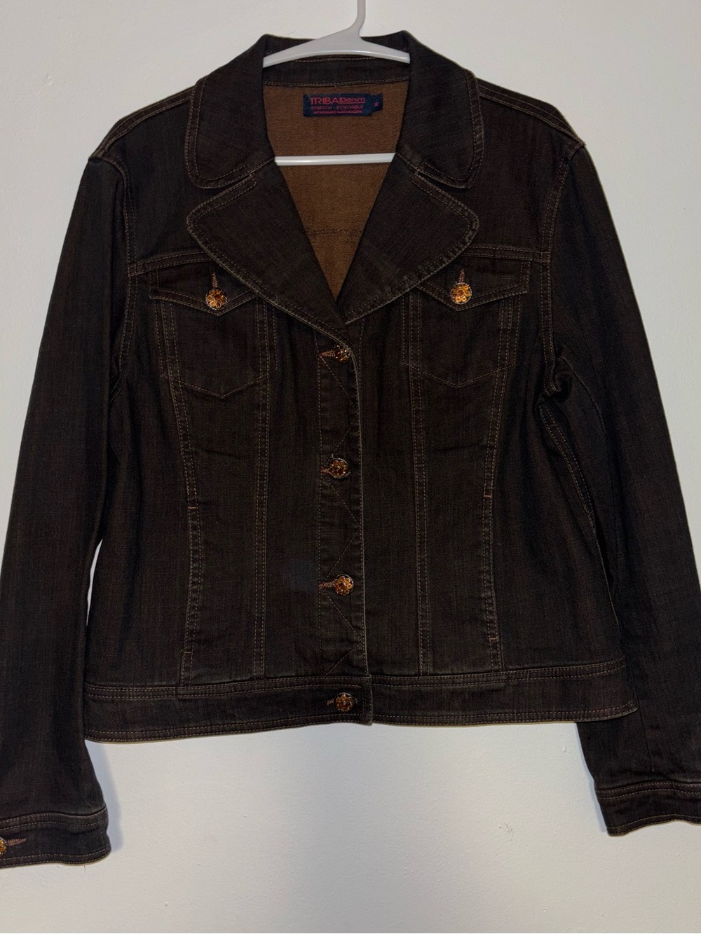 Tribal Denim Dark Brown Womens Denim Jacket with Accented Buttons Size 10